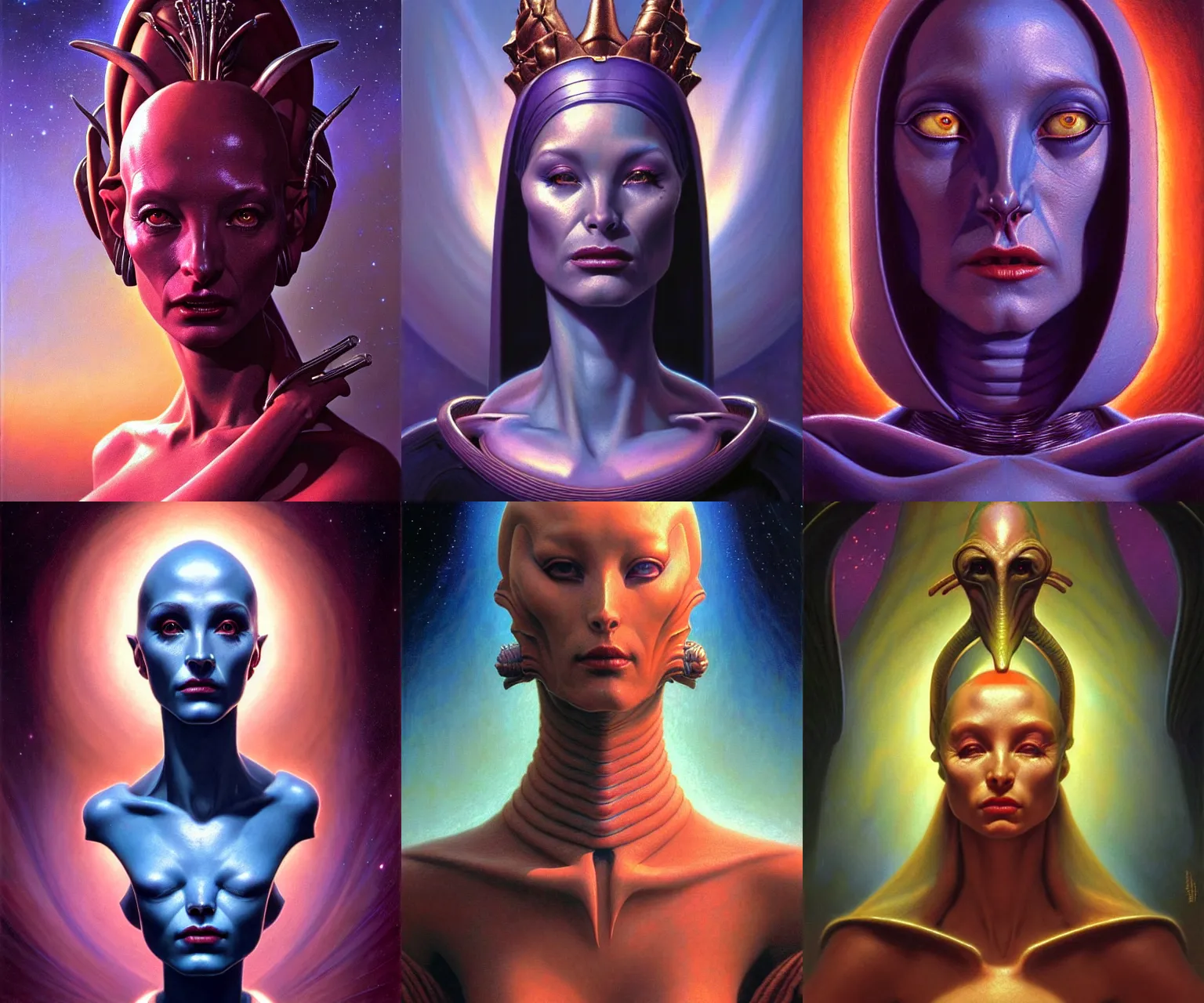 Prompt: cinematic bust portrait of elegant female extraterrestial queen, head and chest only, exotic alien features, Tim Hildebrandt, Wayne Barlowe, Bruce Pennington, donato giancola, brian froud, oil on canvas, masterpiece, trending on artstation, featured on pixiv, cinematic composition, dramatic pose, beautiful lighting, sharp, details, hyper-detailed, HD, HDR, 4K, 8K