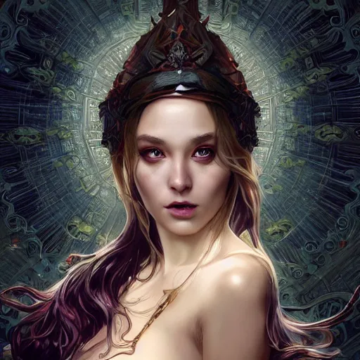 Prompt: breathtaking epic fantasy comic book style portrait of a sensual female sorceress, castle setting, horror movie lightning, intricate, elegant, highly detailed, digital painting, artstation, concept art, matte, sharp focus, illustration, art by Artgerm and Hsiao-Ron Cheng and Alphonse Mucha, extremely moody lighting, hyperrealistic, octane render, RPG portrait, ambient light, dynamic lighting