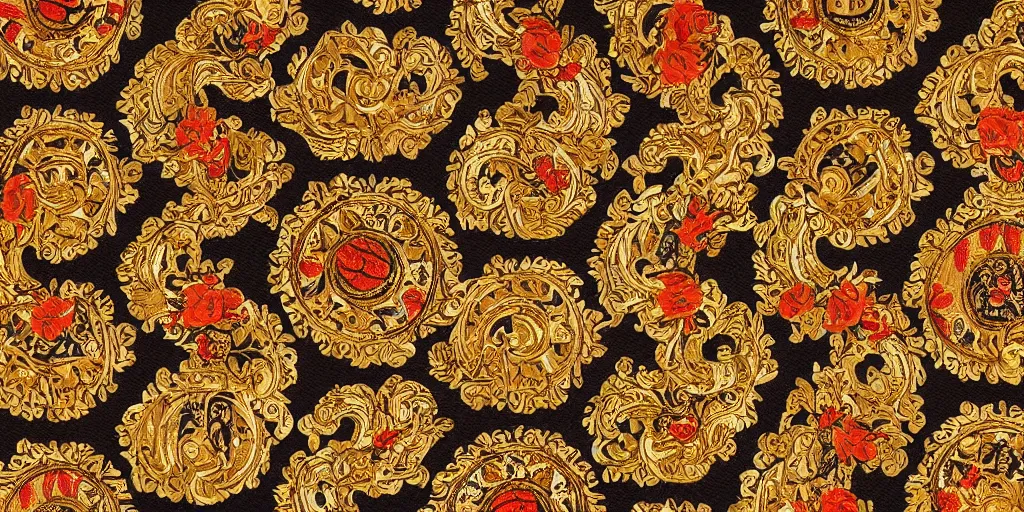Image similar to versace gucci textile print design detailed intricate fine gold black orange brown digital file high resolution autumn fashion