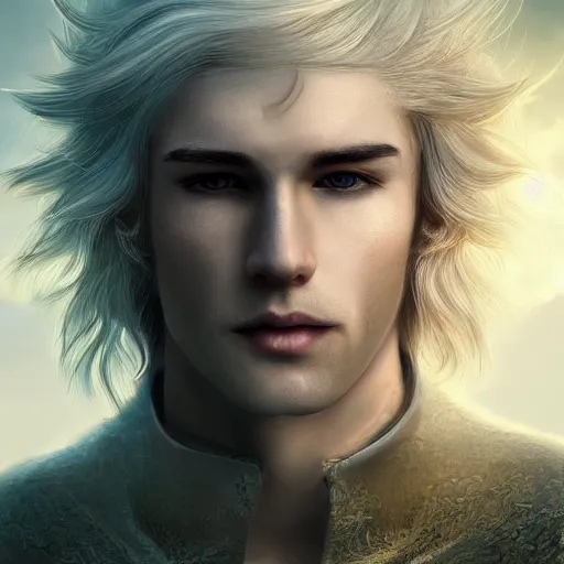 Prompt: a portrait of a handsome elven prince, white fringy hair, backlit, incredible lighting, strong rim light, subsurface scattering, epic beautiful landscape, highly detailed, god rays, digital painting, HDRI, by Heise Jinyao, Heise-Lian Yan Fang, Feimo, Richard Taddei, vivid colors, high contrast, 8k resolution, intricate, photorealistic, smooth