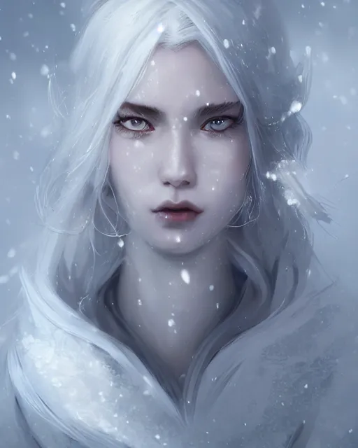 Image similar to a beautiful snow sorceress, flowy white grey hair, grey eyes, winter, frozen, snow, cinematic lighting, highly detailed, digital painting, trending on artstation, pixiv, concept art, sharp focus, illustration, art by ross tran and wlop, dark art