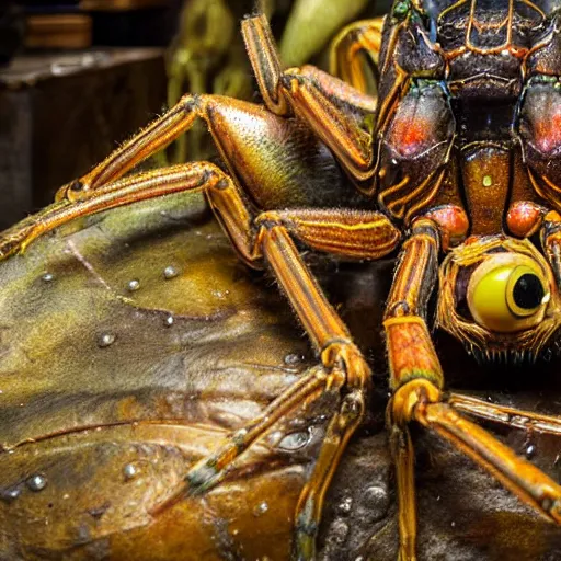 Image similar to photo taken of an epic intricate, ultra detailed, super realistic gritty, hero prop, exquisitely painted animatronic movie prop of a wet slimy grotesque nightmarish hellish arachnoid creature displayed in the workshop, created by weta workshop, full body shot, photorealistic, sharp focus