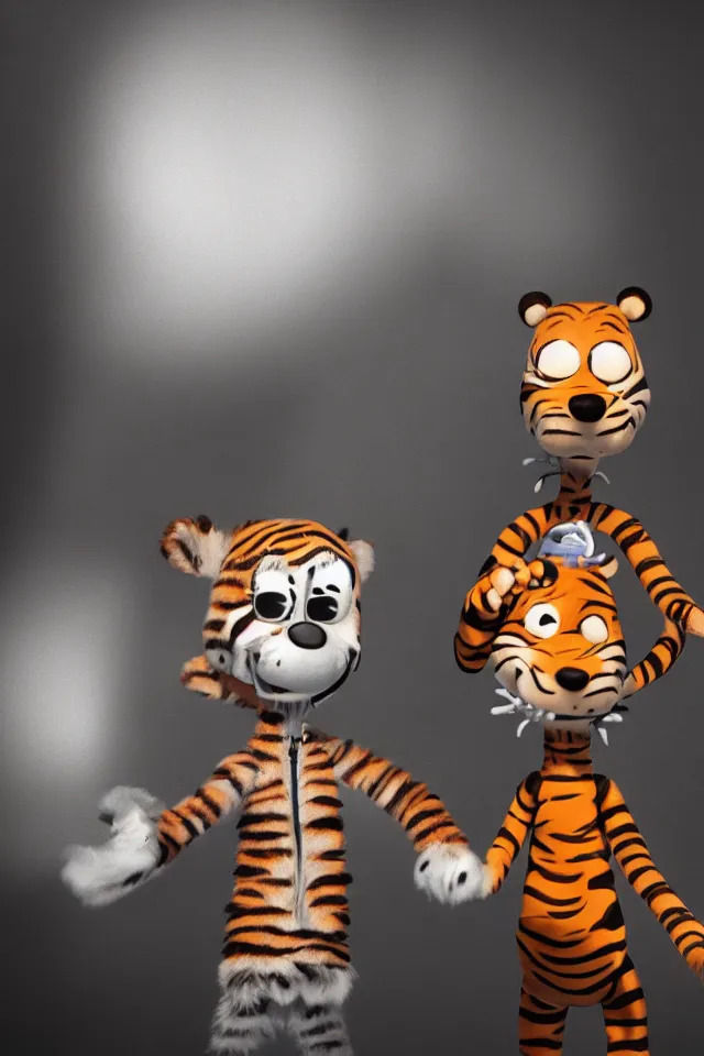 Prompt: calvin and hobbes as realistic adults on crack, octane render