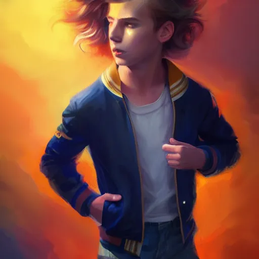 Image similar to colorful and festive captivating young boy with wavy blonde hair, navy blue jacket and blue shorts, with big brown boots. rich vivid colors, ambient lighting, dynamic lighting, 4 k, atmospheric lighting, painted, intricate, highly detailed by charlie bowater