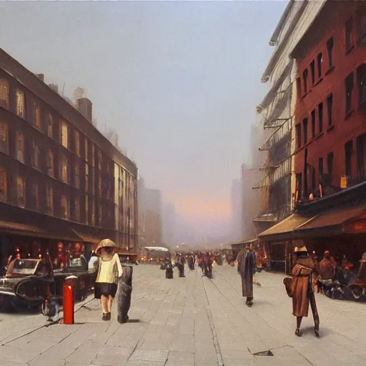 Image similar to a matte painting of nyc streets of soho in the summer, matte painting, dusk, fashion, by rozalski and peter ilsted, artstation