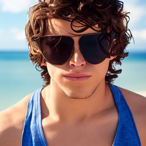 Prompt: portrait of a teenage boy with natural brown hair, sunglasses, shirtless, curvy. detailed face. beach background.