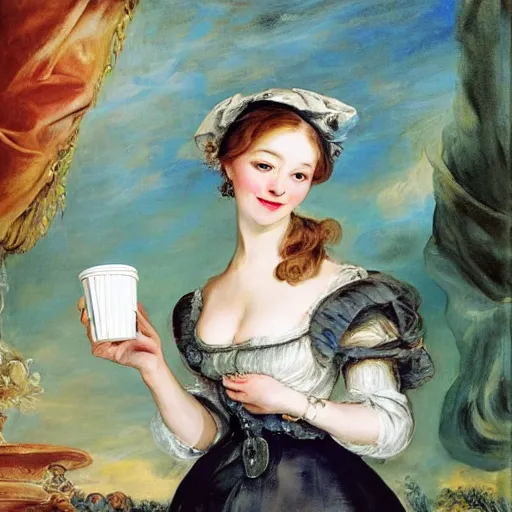 Prompt: eavenly summer sharp land sphere scallop well dressed lady holding a tall paper cup coffee, auslese, by peter paul rubens and eugene delacroix and karol bak, hyperrealism, digital illustration, fauvist, tall paper cup coffee, green coffee logo
