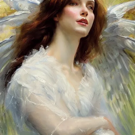 Image similar to a beautiful portrait of an angel with pretty face and her huge white wings spread out painted by gerhartz, highly detailed, beautiful, back lit, graceful and elegant, ethereal.