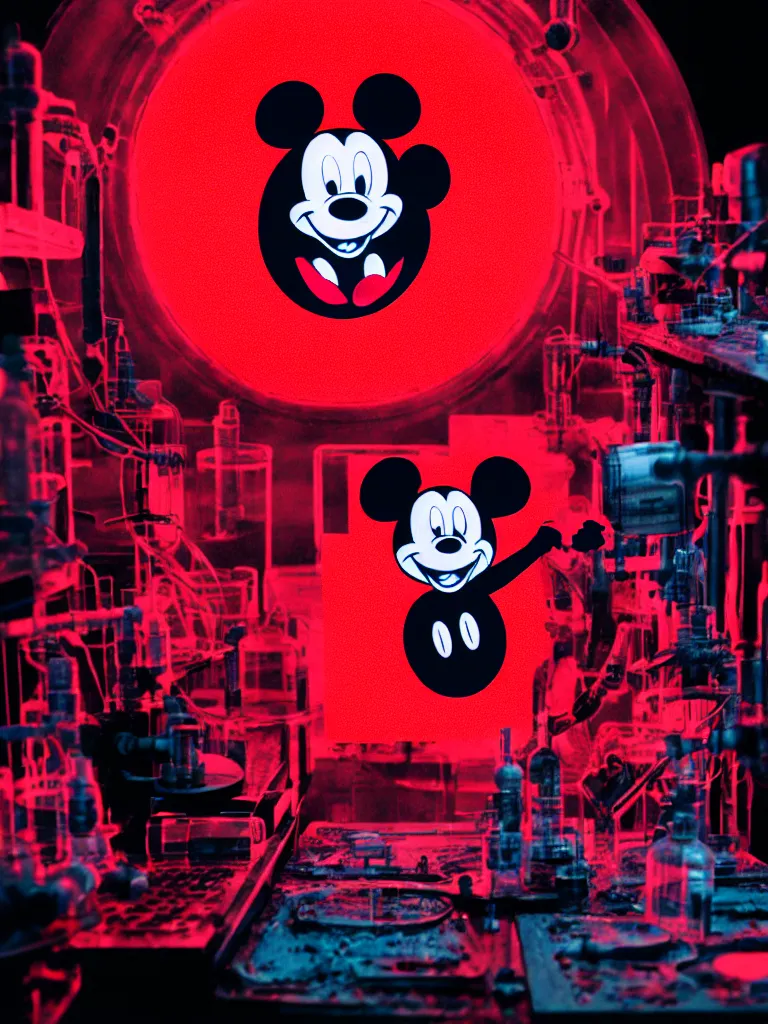 Image similar to hyperrealistic photo of evil scientists in military laboratory, single giant destroyed mickey mouse face, netflix logo, military base, colored gels, studio photography, 3 5 mm film look by denis villeneuve