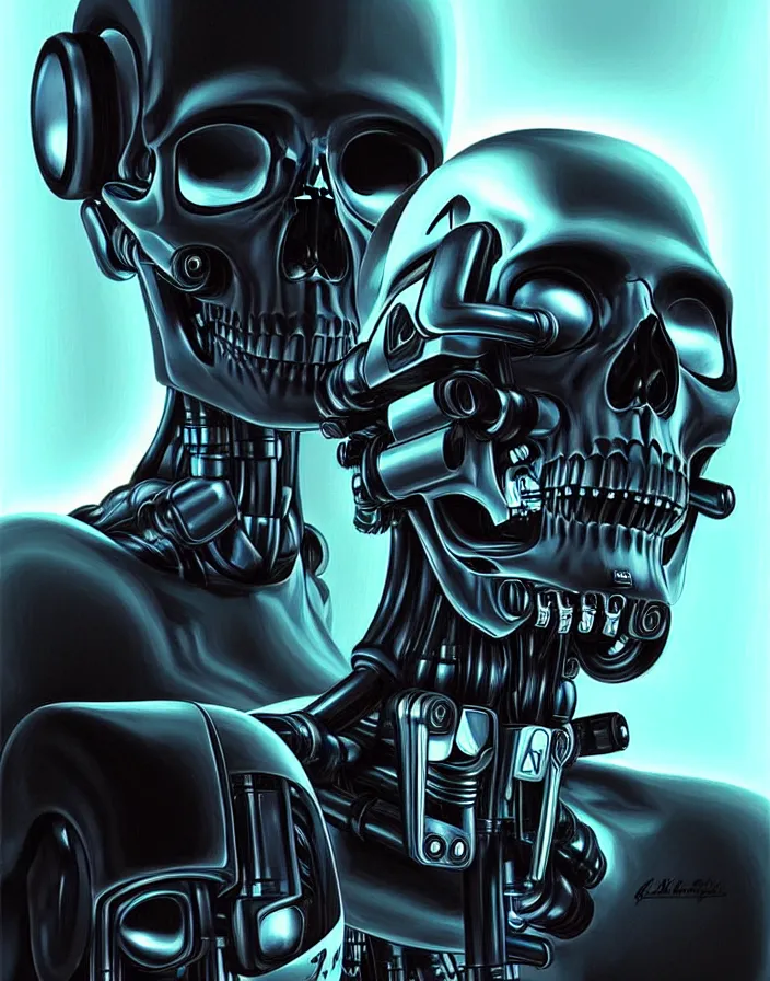 Prompt: skull - headed robot cyborg painting, illutstration, concept art, cyberpunk, futurism, comics art, artgerm, full body shot, wide angle