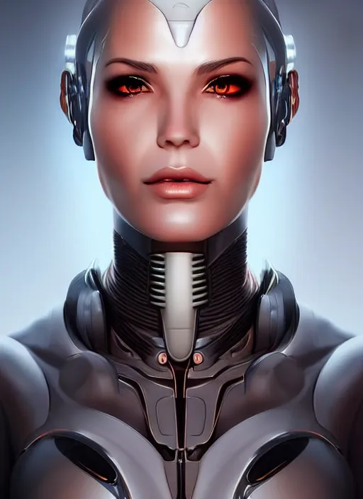 Image similar to portrait of a cyborg woman by Artgerm, (((((face turns left!!!!!))))) (((((face turns right))))), open eyes , biomechanical, hyper detailled, trending on artstation