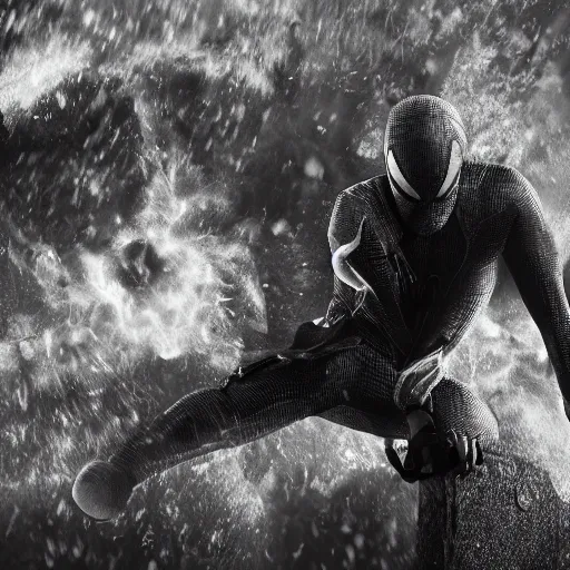 Image similar to ryan reynolds in a black and white spider - man suit, cinematic, volumetric lighting, f 8 aperture, cinematic eastman 5 3 8 4 film, photorealistic