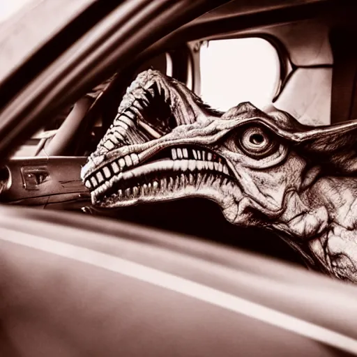 Image similar to deathclaw, monster - behind - the - wheel, monster inside the car, wide lens, 2 4 mm