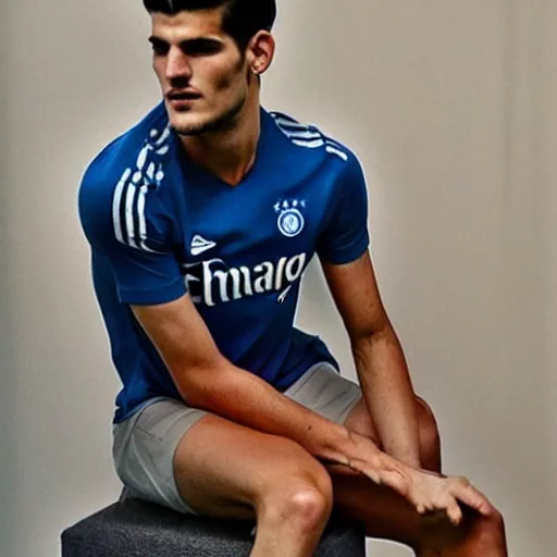 Image similar to a realistic detailed photo of a guy who is an attractive humanoid who is half robot and half humanoid, who is a male android, soccer player alvaro morata, shiny skin, posing like a statue, blank stare, in a living room, on display, showing off his muscles, with a twin