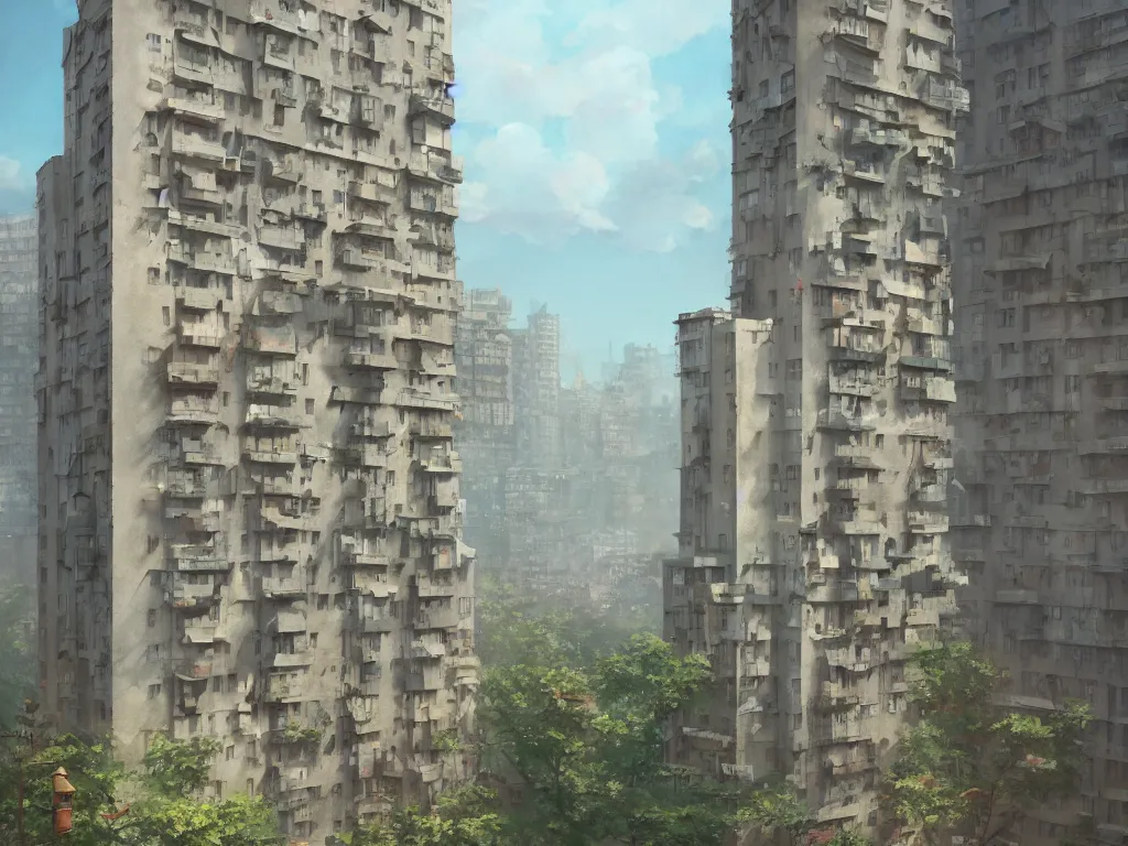 Image similar to A highly detailed matte painting of Soviet apartment building by Studio Ghibli, Makoto Shinkai, by Artgerm, by WLOP, by Greg Rutkowski, volumetric lighting, octane render, 4K resolution, trending on artstation, masterpiece