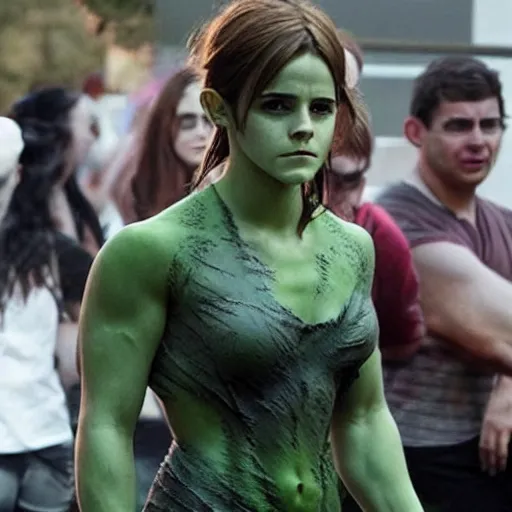 Image similar to emma watson cosplaying as the hulk, muscly emma watson wearing a hulk costume, emma watson jacked beefy cosplay award winner, full body shot