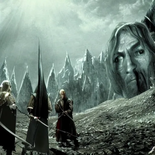 Prompt: a still of from the movie the lord of the rings : the fellowship of the ring crossover with the game dead space