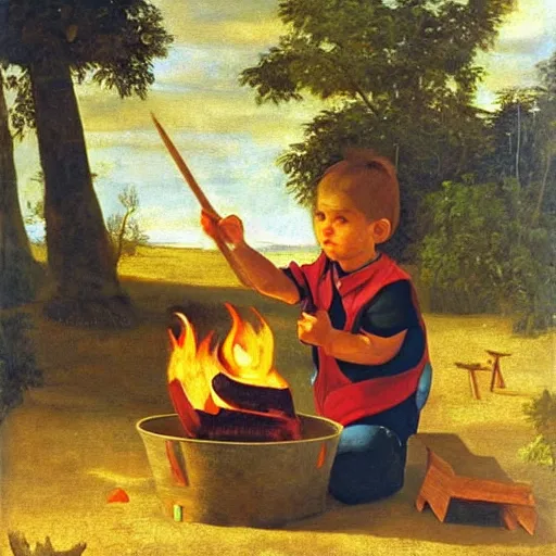 Prompt: exquisite oil painting on canvas of a toddler learning to make a fire, at the campsite, sunny clear sky, rich moody colors, photorealistic, by caravaggio