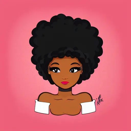 Prompt: young, super cute funky black girl, afro, off the shoulder shirt, sultry look, soulful, pouty lips, adorable, disney, cartoon, flat, vectors, simple colours, illustration, classic