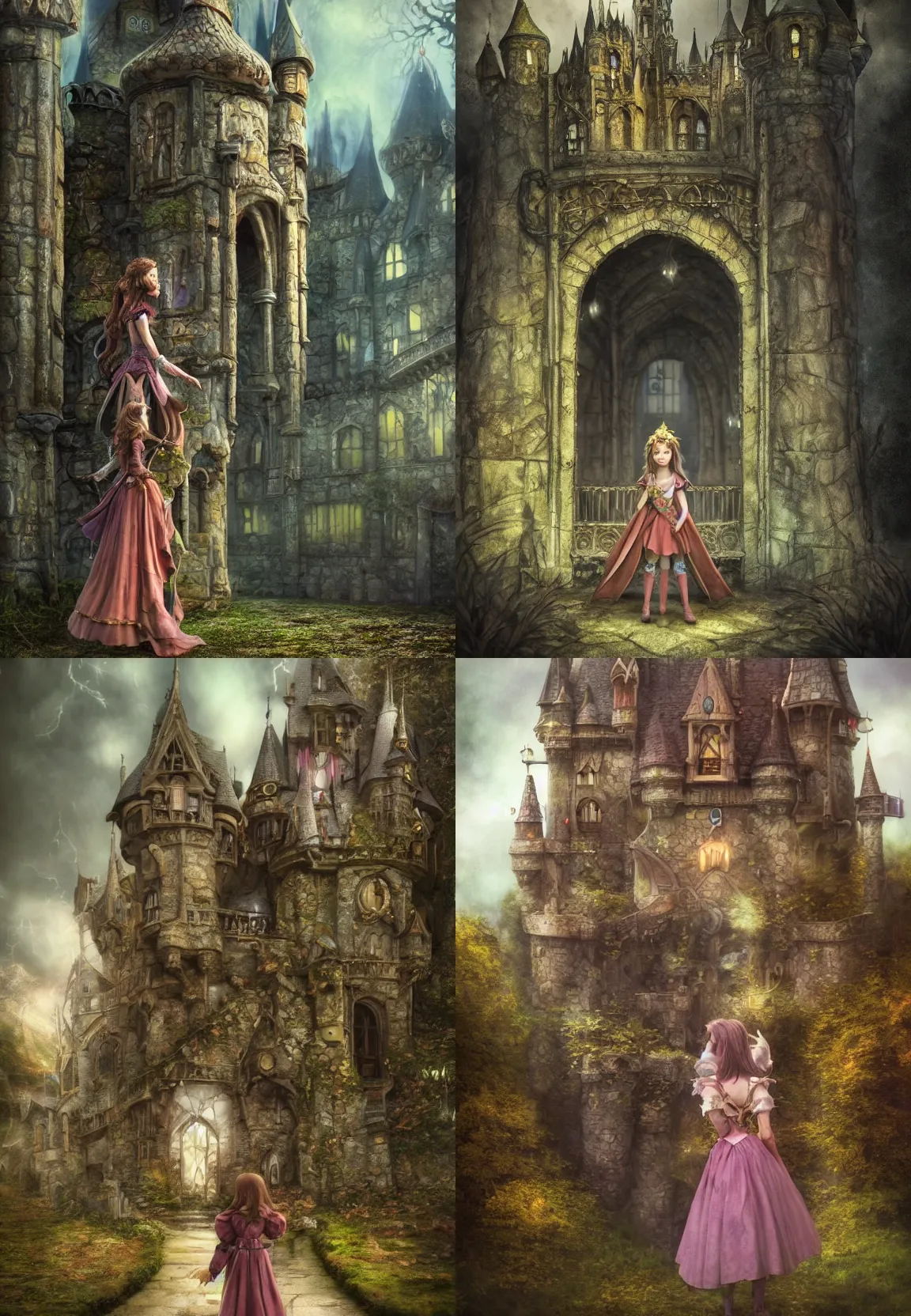 Prompt: young princess standing before a fairy tale castle, artstation hq, photorealistic, hiperrealistic, sharp focus, 4 k, cinematic shot, cinematic lightning, dark tones, high contrast, intricate, masterpiece, brian froud