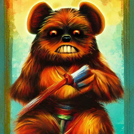 Image similar to cute ewok childrens book cover, colourful, digital art