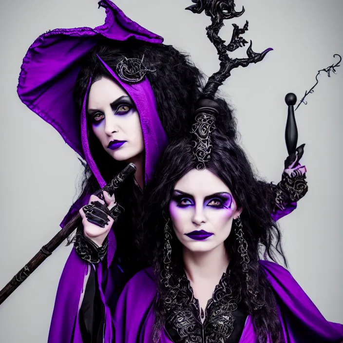 Prompt: professional photograph of a real - life beautiful elemental dark witch with ornate purple and black robes and staff. extremely detailed. 8 k