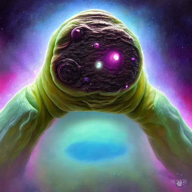 Image similar to a highly detailed tardigrade, it has rainbow hair and a beautiful unconventional face, floating through deep space, elegant, hyperrealistic, digital painting, artstation, realism, concept art, pop, smooth, mythological, sharp focus, qualia, illustration, art by mark ryden 3 d 8 k ultra detailed