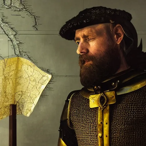 Image similar to Closeup of frustrated male medieval sergeant with a {short} beard wearing a {black!!!! and yellow tabard} over a steel breastplate and a black gambeson looking up from a map on a table, intricate, dramatic lighting illustration by Greg Rutkowski, {perfect face}, {perfect eyes}, fantasy