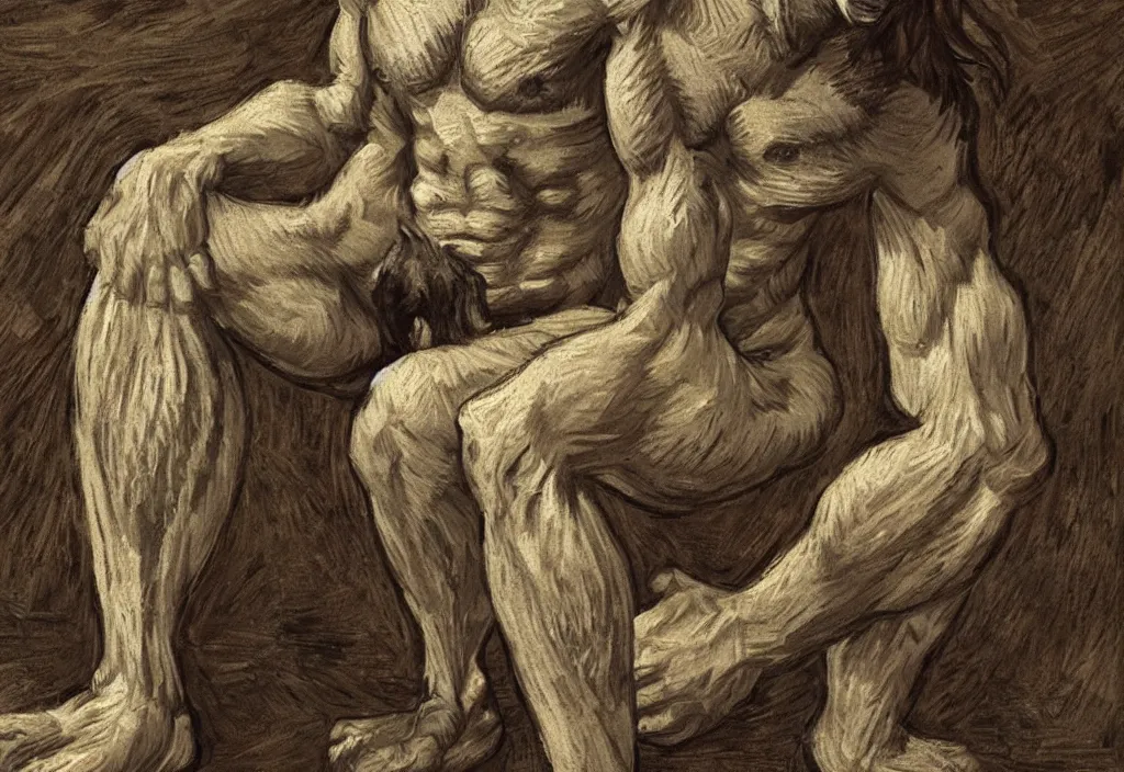 Image similar to Portrait of a rugged werewolf sitting down, male, muscular, detailed face, bare thighs!!!, simple clothing!!!!!, fantasy, medieval, highly detailed, cinematic lighting, digital art painting by van Gogh