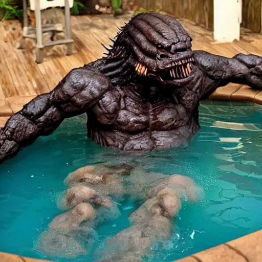 Image similar to a monster from predator in a hot tub