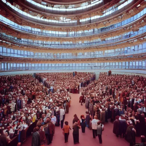 Image similar to Visitors inside the Palast der Republik, German Democratic Republik 1987, color photography, Sigma 85 mm