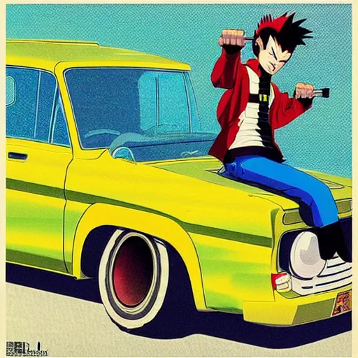 Image similar to a japanese print of « clint eastwood » gorillaz album cover, green pickup car, art by akira toriyama - ralph mc quarrie - jamie hewlett