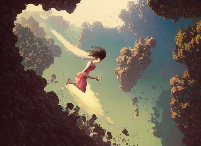 Image similar to aerial side shot of a beautiful inspiring girl running on a trail made of gelato in Mandelbrot fractal by Craig Mullins, ilya kuvshinov, krenz cushart, artgerm trending on artstation by Edward Hopper and Dan Mumford and WLOP and Rutkovsky, beksinski carl spitzweg moebius and tuomas kocar, intricate artwork by caravaggio, Unreal Engine 5, Lumen, Nanite