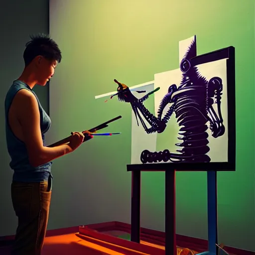 Prompt: photo of futuristic holy futuristic cyborg - robot - painter - artist creating a painting with acrylic paint and brushes in a futuristic artist studio by h. r giger, by, rich deep colors. masterpiece, intricate artwork by tooth wu and wlop and beeple, gaspar noe, james cameron,