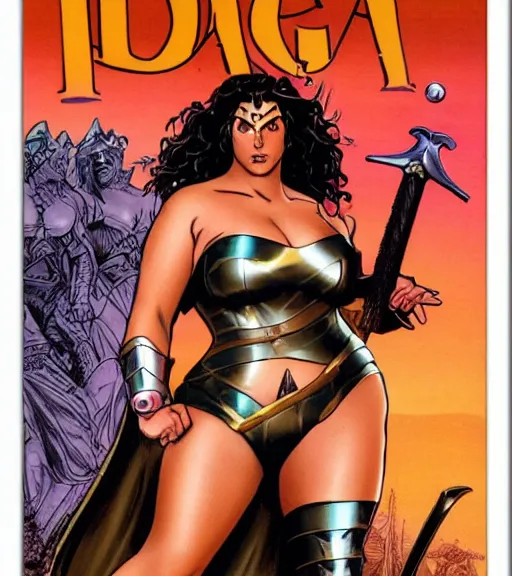 Prompt: 1 9 8 0 s fantasy novel book cover, bbw plus size amazonian gal gadot in extremely tight bikini armor wielding a cartoonishly large sword, exaggerated body features, dark and smoky background, low quality print