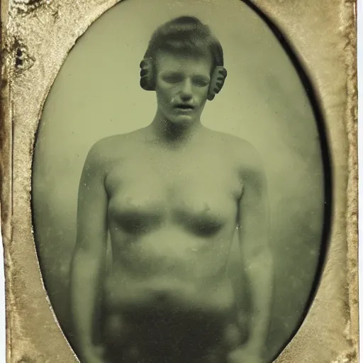 Prompt: tintype photo, swimming deep underwater, alien face