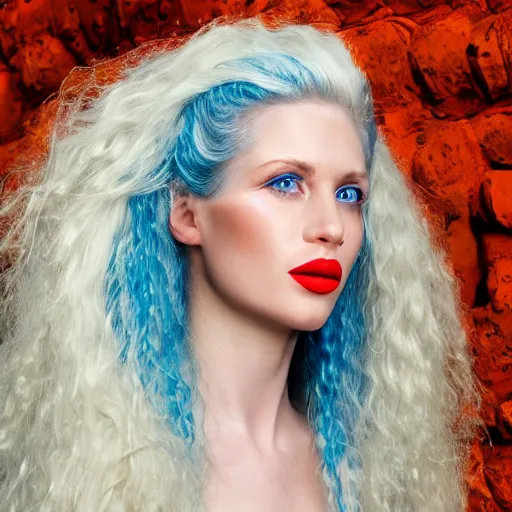 Prompt: a beautiful english woman with a long face narrow nose pale skin blue eyes red lips and wild messy tangles of curly white blonde hair, high resolution film still, sandy, a journey to the west