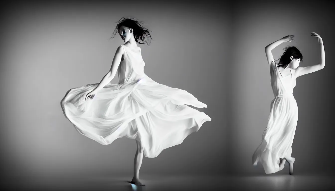 Image similar to photo portrait of a young woman dress in white, fine art photography light painting in style of Paolo Roversi, professional studio lighting, dramatic background lighting, hyper realistic photography,, motion blur 80 mm sigma art