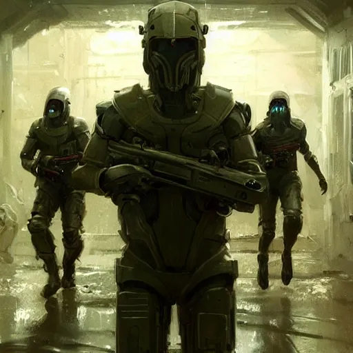 Image similar to concept art by greg rutkowski, three people running dressed in futuristic riot gear, in a claustrophobic, futuristic and brutalist environment, frightening and creepy atmosphere, scifi, highly detailed portrait, digital painting, artstation, concept art, smooth, sharp foccus ilustration, artstation hq