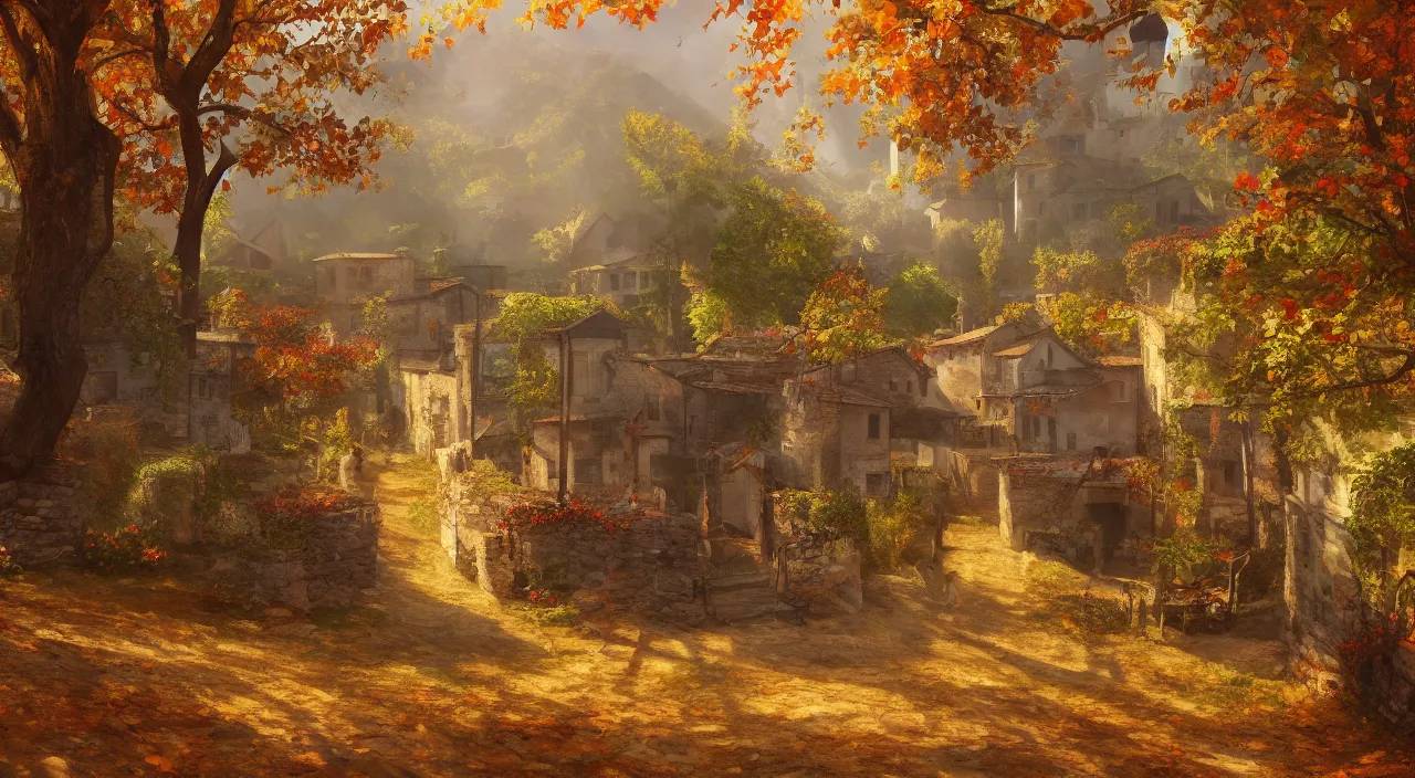 Prompt: high quality concept art from a historical fiction video game set in italy, a village in autumn, beautiful oil painting, concept art, trending on ArtStation, 4K HD, 35mm f/5.0