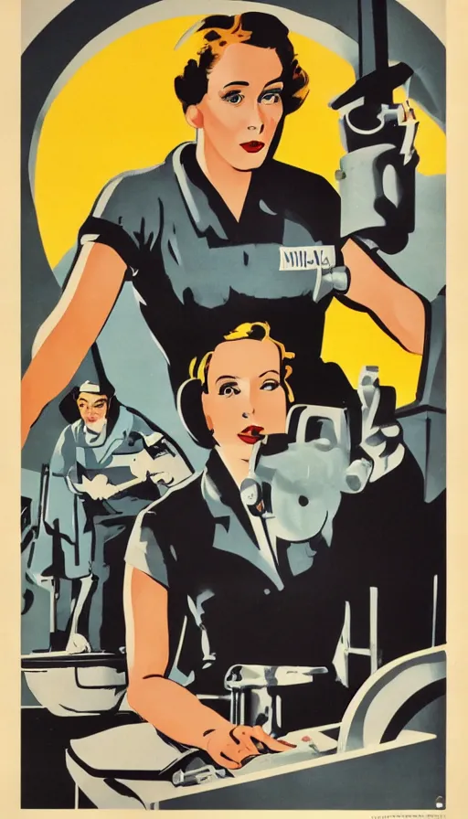 Prompt: retro propaganda poster for mining, beautiful woman in work clothes
