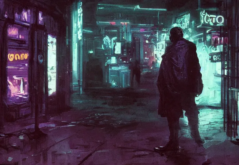 Image similar to painting of the figure of a man in a haunting scenery during the 1 9 8 0's, city, video club, arcade store, high contrast, concept art, fully colored, purple filter, neon, dramatic lighting, digital art, 8 k, extremely detailed, drawn by ruan jia