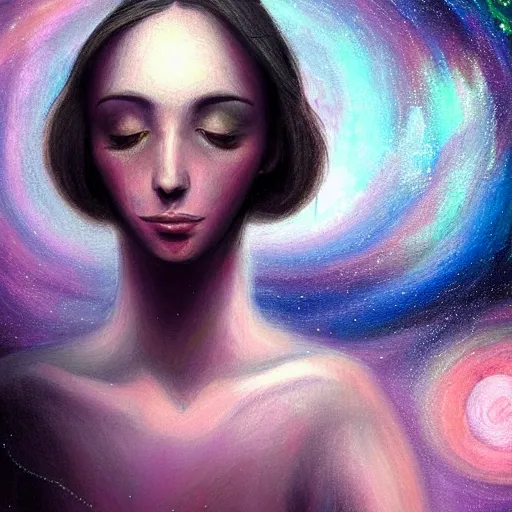 Image similar to beautiful detailed artistic portrait of a person travelling between different astral planes. consciousness is a different type of energy. grainy and rough. fine detail. soft colour scheme. artistic painting by lurid ( 2 0 2 2 ). featured on deviantart.