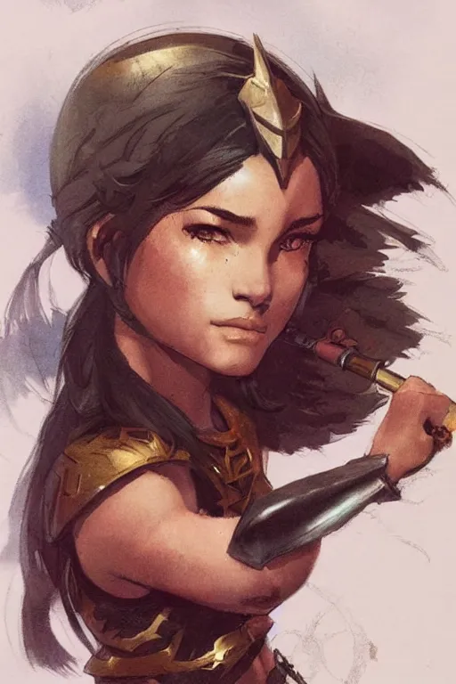 Prompt: a portrait of a cute warrior girl by frank frazetta and ross tran