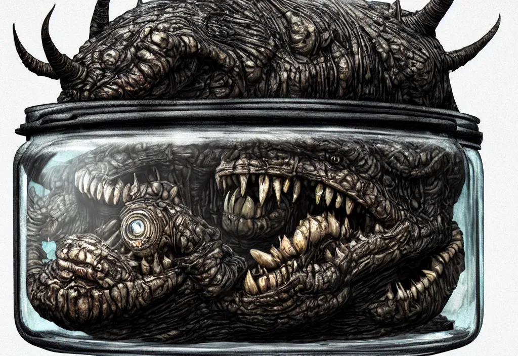 Image similar to Photorealistic miniature monster inside a jar on clean background by H.R. Giger, KDA and Sam Yang, trending on artstation