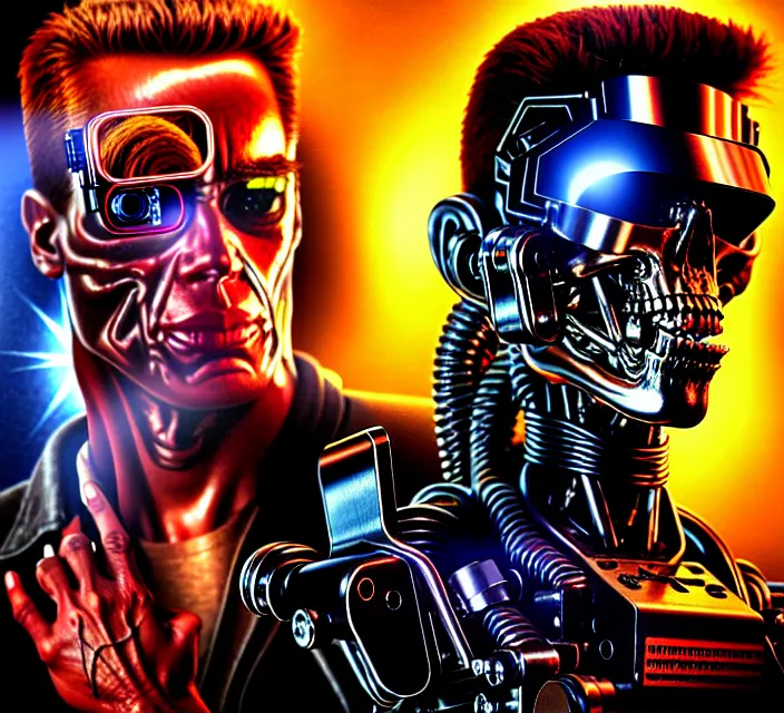 Image similar to Terminator in holograms of alien artifacts, electrical case display, total recall tech, , ultrarealistic, dramatic lighting, electrical details, high details, 4k, 8k, best, accurate, trending on artstation, artstation, photorealism, ultrarealistic, digital painting, style of Tristan Eaton Stanley Artgerm and Hajime Sorayama, Caravaggio, Boris Vallejo