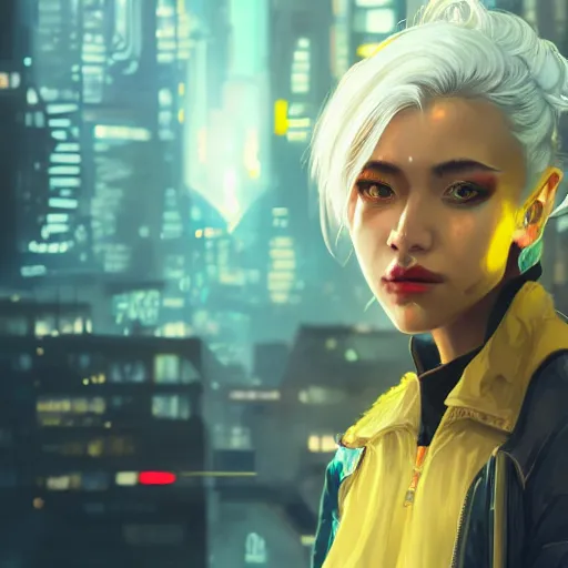 Image similar to A beautiful cyberpunk painting of a female thug by Wlop and Z eD, handsome face, bomber jacket, white hair, yellow iris, trending on artstation, pixiv, 4k, HDR, unreal engine