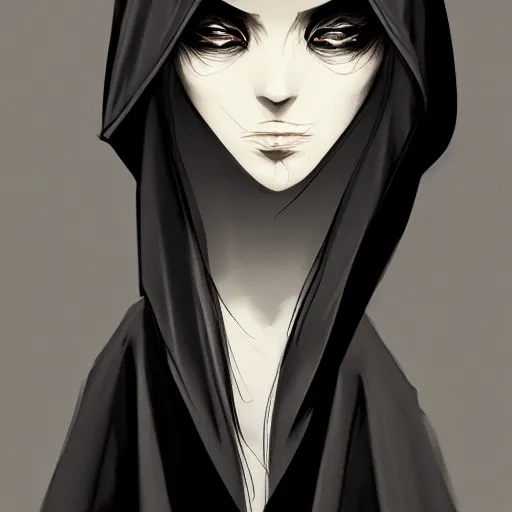 Image similar to Beautiful portrait of a mysterious hooded woman wearing robes all black, face shrouded in darkness, true romance, dark romance, dark fantasy, trending on artstation, cgsociety