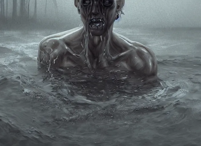 Prompt: a creepy drowned man crawling out of the water, white eyes, slimy, veiny skin, muscles, standing in shallow water, drowned, unsettling, creepy, artstation, cgsociety, illustration