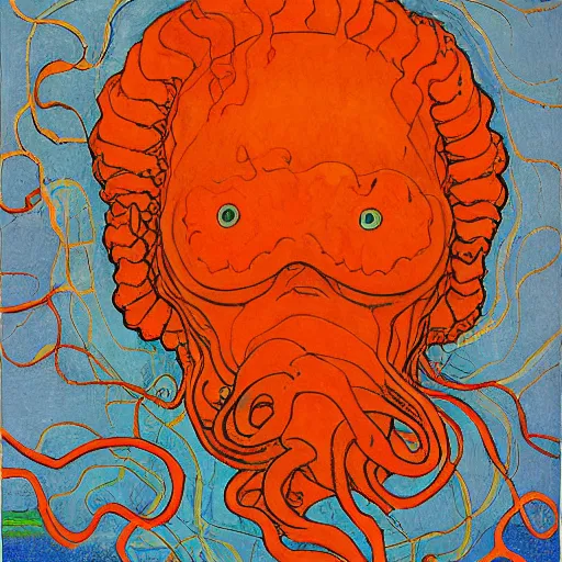 Prompt: portrait of orange cthulhu by moebius in the style of egon schiele